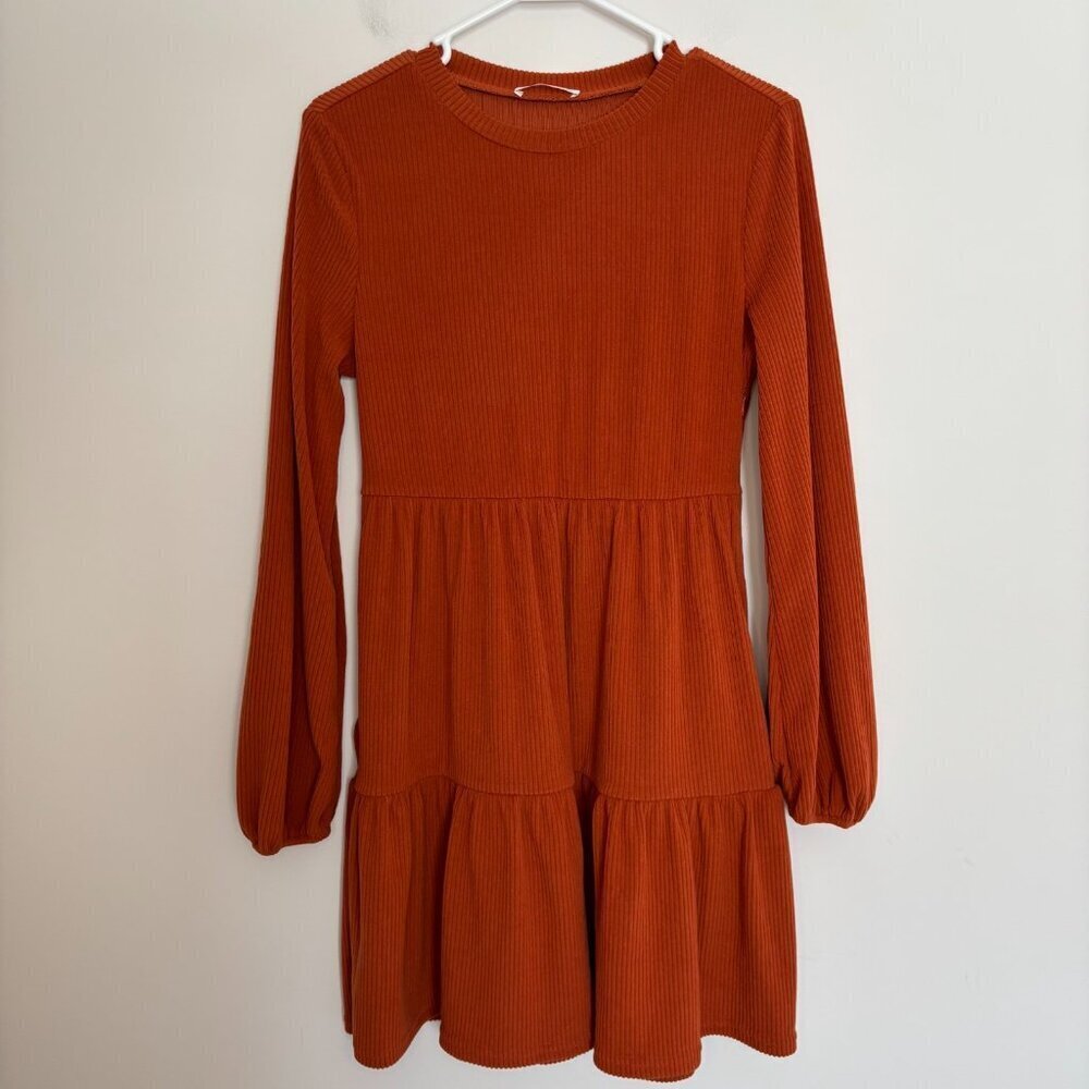 CUPSHE Bernadette Ribbed Tiered Mini Dress Womens M Orange Long Sleeve Soft - Picture 5 of 7